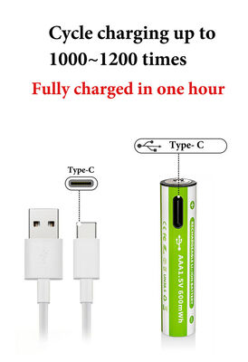 1.5V AA AAA Solid State Rechargeable 1500mAh 600mWh 1100mWh 2200mWh Type USB-C 10x43mm 1000 Cycles Battery